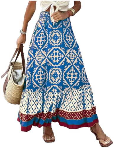 JENJON Damen Rock Lang Gedruckter Casual Hohe Elastische Taille Boho Blumen Ärmellos RohrchenSommerrock Strandkleider B-Blau M von JENJON