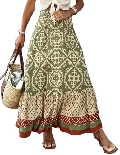 JENJON Damen Rock Lang Gedruckter Casual Hohe Elastische Taille Boho Blumen Ärmellos RohrchenSommerrock Strandkleider B-Grün XL von JENJON