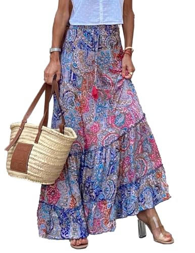 JENJON Damen Rock Lang Gedruckter Casual Hohe Elastische Taille Boho Blumen Ärmellos RohrchenSommerrock Strandkleider C-Mehrfarbig L von JENJON