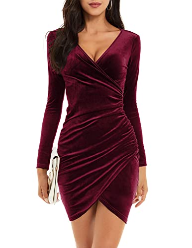 JENJON Damen Samtkleid Langarm Winterkleid V Ausschnitt Silvester Kleid Elegant Bodycon Party Cocktailkleid für Herbst Winter B-Rot M von JENJON