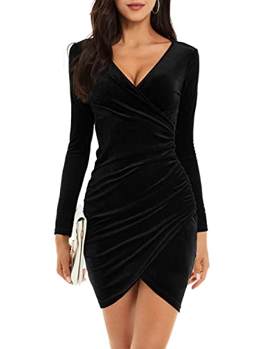 JENJON Damen Samtkleid Langarm Winterkleid V Ausschnitt Silvester Kleid Elegant Bodycon Party Cocktailkleid für Herbst Winter B-Schwarz S von JENJON