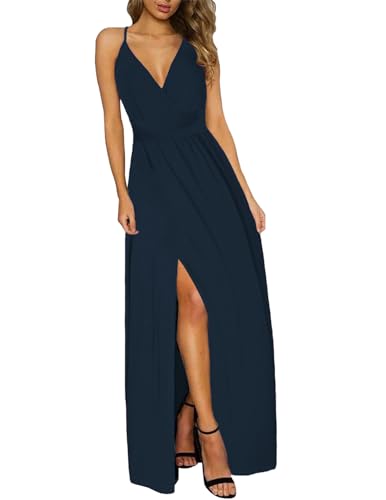 JENJON Damen Sommer Kleid Elegant Off Shoulder Kurzarm Ohne Arm V-Ausschnit Tunika Maxikleider Casual Hohe Taille Saumschlitz Cocktailkleid A-Blau-1 M von JENJON