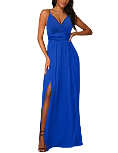 JENJON Damen Sommer Kleid Elegant Off Shoulder Kurzarm Ohne Arm V-Ausschnit Tunika Maxikleider Casual Hohe Taille Saumschlitz Cocktailkleid A-Blau XL von JENJON