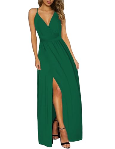 JENJON Damen Sommer Kleid Elegant Off Shoulder Kurzarm Ohne Arm V-Ausschnit Tunika Maxikleider Casual Hohe Taille Saumschlitz Cocktailkleid A-Grün M von JENJON