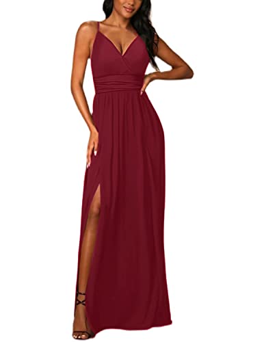 JENJON Damen Sommer Kleid Elegant Off Shoulder Kurzarm Ohne Arm V-Ausschnit Tunika Maxikleider Casual Hohe Taille Saumschlitz Cocktailkleid A-Rot L von JENJON