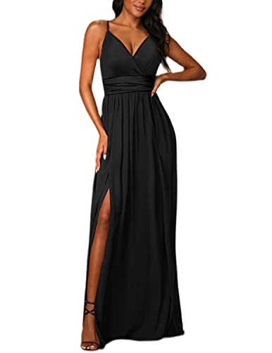 JENJON Damen Sommer Kleid Elegant Off Shoulder Kurzarm Ohne Arm V-Ausschnit Tunika Maxikleider Casual Hohe Taille Saumschlitz Cocktailkleid A-Schwarz L von JENJON