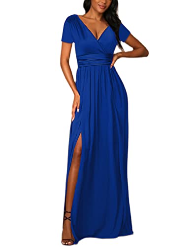 JENJON Damen Sommer Kleid Elegant Off Shoulder Kurzarm Ohne Arm V-Ausschnit Tunika Maxikleider Casual Hohe Taille Saumschlitz Cocktailkleid B-Blau XL von JENJON