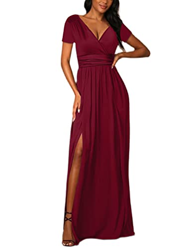 JENJON Damen Sommer Kleid Elegant Off Shoulder Kurzarm Ohne Arm V-Ausschnit Tunika Maxikleider Casual Hohe Taille Saumschlitz Cocktailkleid B-Rot L von JENJON