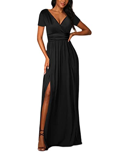 JENJON Damen Sommer Kleid Elegant Off Shoulder Kurzarm Ohne Arm V-Ausschnit Tunika Maxikleider Casual Hohe Taille Saumschlitz Cocktailkleid B-Schwarz M von JENJON