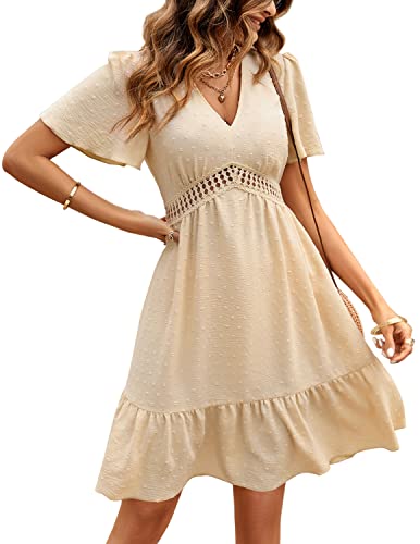 JENJON Damen Sommerkleid V Ausschnitt Elegante Polka Dots Hohe Taille Casual A-Linie Freizeitkleid A-Elfenbein M von JENJON