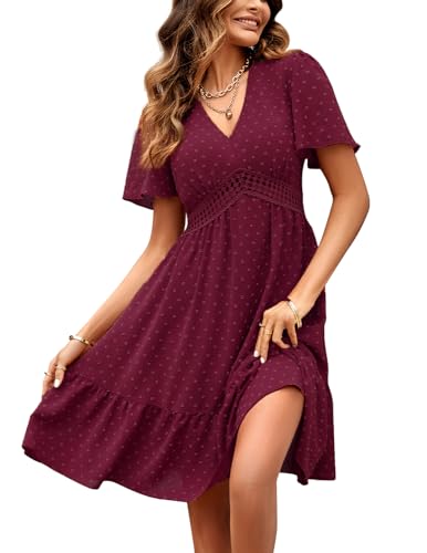 JENJON Damen Sommerkleid V Ausschnitt Elegante Polka Dots Hohe Taille Casual A-Linie Freizeitkleid A-Rot M von JENJON