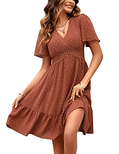 JENJON Damen Sommerkleid V Ausschnitt Elegante Polka Dots Hohe Taille Casual A-Linie Freizeitkleid A-Braun M von JENJON