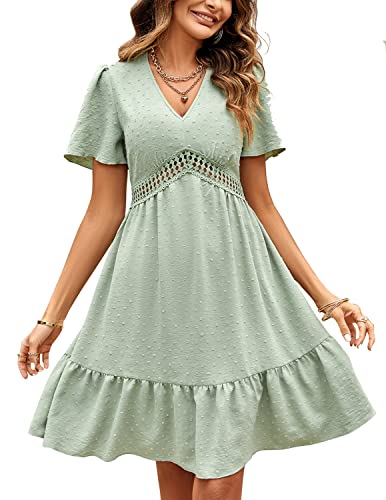 JENJON Damen Sommerkleid V Ausschnitt Elegante Polka Dots Hohe Taille Casual A-Linie Freizeitkleid A-Grün S von JENJON