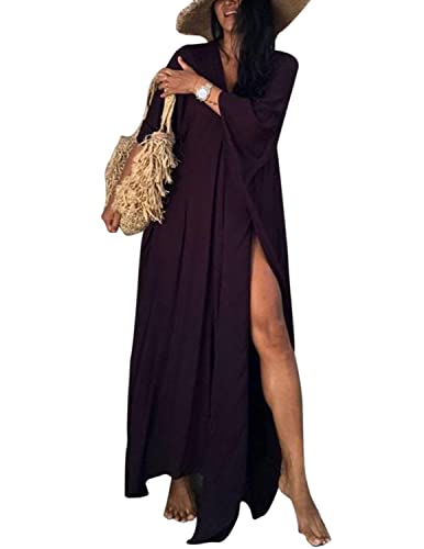 JENJON Damen Strandkleid Baumwolle Kaftan Boho Maxi Pur Farbe Elegante Lose Sommerkleid Strand Langes Bikini Cover Ups Sleepwear A-Violett One Size von JENJON