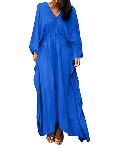 JENJON Damen Strandkleid Cover Up Loose Strandbluse Taille Kordelzug Urlaubsrock Kaftan Boho Maxi Pur Farbe Sommerkleid Sleepwear B-Blau One Size von JENJON