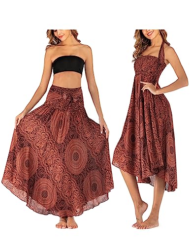 JENJON Damen Strandkleid Shirred Casual Ärmellos Rohrchenkleider Boho Rock A-Braun Einheitsgröße von JENJON