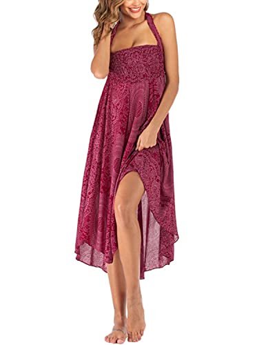 JENJON Damen Strandkleid Shirred Casual Ärmellos Rohrchenkleider Boho Rock A-Rot Einheitsgröße von JENJON