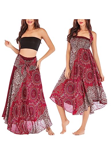 JENJON Damen Strandkleid Shirred Casual Ärmellos Rohrchenkleider Boho Rock B-Rot Einheitsgröße von JENJON