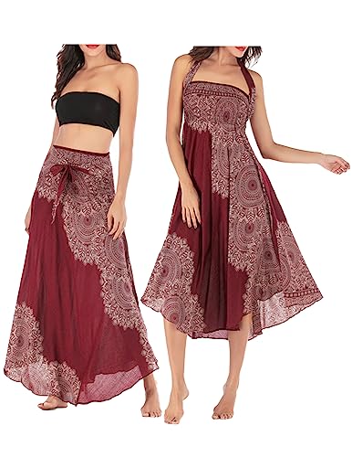 JENJON Damen Strandkleid Shirred Casual Ärmellos Rohrchenkleider Boho Rock D-Rot Einheitsgröße von JENJON