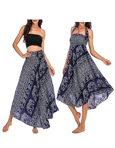 JENJON Damen Strandkleid Shirred Casual Ärmellos Rohrchenkleider Boho Rock E-Blau Einheitsgröße von JENJON