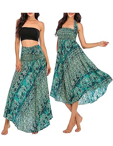 JENJON Damen Strandkleid Shirred Casual Ärmellos Rohrchenkleider Boho Rock E-Grün Einheitsgröße von JENJON