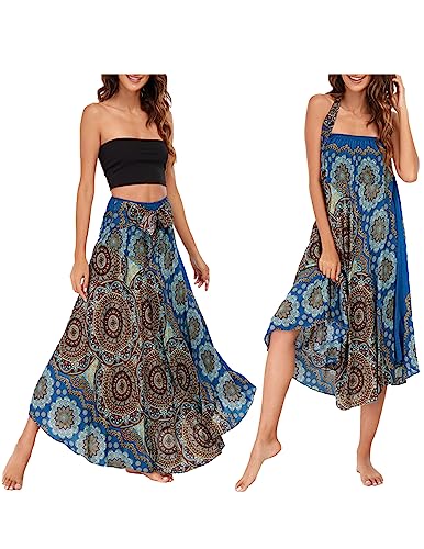 JENJON Damen Strandkleid Shirred Casual Ärmellos Rohrchenkleider Boho Rock F-Blau-1 Einheitsgröße von JENJON