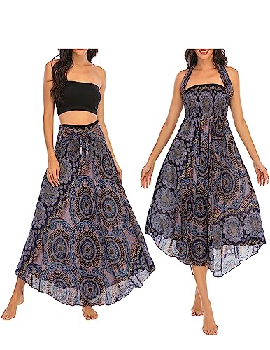 JENJON Damen Strandkleid Shirred Casual Ärmellos Rohrchenkleider Boho Rock F-Blau Einheitsgröße von JENJON