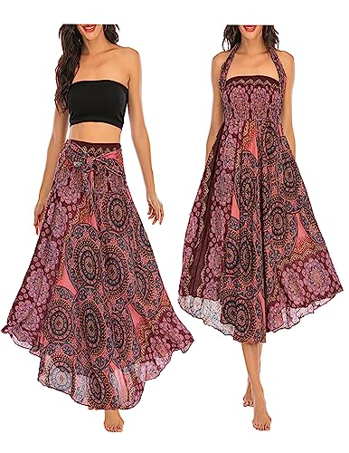 JENJON Damen Strandkleid Shirred Casual Ärmellos Rohrchenkleider Boho Rock F-Rot Einheitsgröße von JENJON