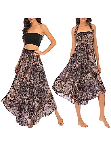 JENJON Damen Strandkleid Shirred Casual Ärmellos Rohrchenkleider Boho Rock F-Schwarz Einheitsgröße von JENJON