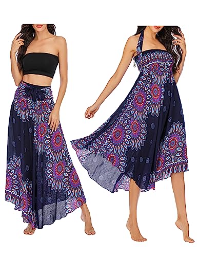 JENJON Damen Strandkleid Shirred Casual Ärmellos Rohrchenkleider Boho Rock G-Blau & Violett Einheitsgröße von JENJON