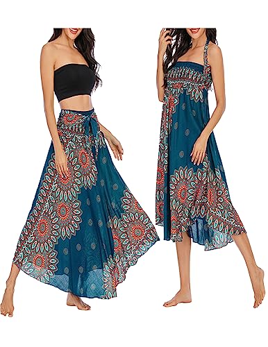 JENJON Damen Strandkleid Shirred Casual Ärmellos Rohrchenkleider Boho Rock G-Grün & Blau Einheitsgröße von JENJON