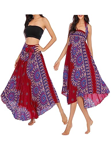 JENJON Damen Strandkleid Shirred Casual Ärmellos Rohrchenkleider Boho Rock G-Rot Einheitsgröße von JENJON