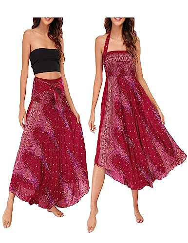 JENJON Damen Strandkleid Shirred Casual Ärmellos Rohrchenkleider Boho Rock H-Rot Einheitsgröße von JENJON