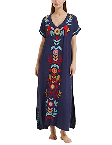 JENJON Damen Strandkleider Baumwolle Maxi Elegante Boho Sommer Lose Kaftan Strand Langes Bikini Cover Ups E-Blau One Size von JENJON