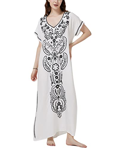 JENJON Damen Strandkleider Baumwolle Maxi Elegante Boho Sommer Lose Kaftan Strand Langes Bikini Cover Ups E-Weiß One Size von JENJON