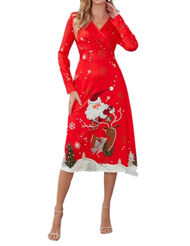 JENJON Damen Weihnachtskleid Langarm V-Ausschnitt Vintage Elegant Weihnachten Print Kleid Casual Neujahrspartykleid Rot-1 L von JENJON