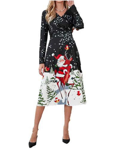 JENJON Damen Weihnachtskleid Langarm V-Ausschnitt Vintage Elegant Weihnachten Print Kleid Casual Neujahrspartykleid Schwarz-1 S von JENJON