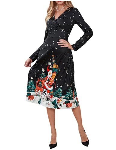 JENJON Damen Weihnachtskleid Langarm V-Ausschnitt Vintage Elegant Weihnachten Print Kleid Casual Neujahrspartykleid Schwarz-2 S von JENJON