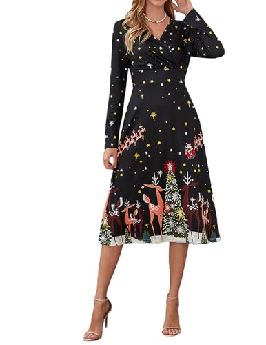 JENJON Damen Weihnachtskleid Langarm V-Ausschnitt Vintage Elegant Weihnachten Print Kleid Casual Neujahrspartykleid Schwarz-3 L von JENJON