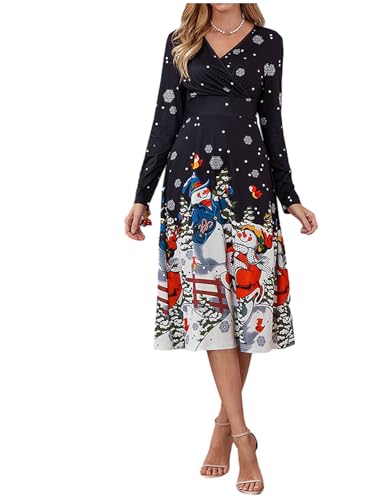 JENJON Damen Weihnachtskleid Langarm V-Ausschnitt Vintage Elegant Weihnachten Print Kleid Casual Neujahrspartykleid Schwarz-4 M von JENJON