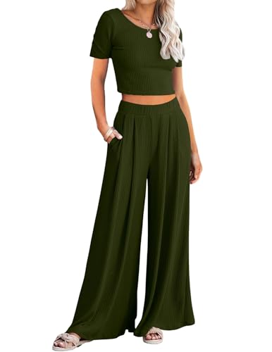 JENJON Damen Zweiteiler Kurzarm Freizeitanzug Set Gerippt Stricken Bodycon Tracksuit Crop Top Flare Pants Sportanzug Sommer 2024 A-Grün M von JENJON