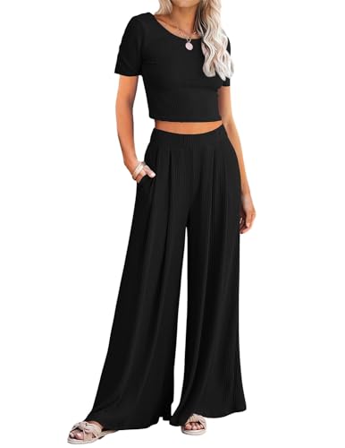 JENJON Damen Zweiteiler Kurzarm Freizeitanzug Set Gerippt Stricken Bodycon Tracksuit Crop Top Flare Pants Sportanzug Sommer 2024 A-Schwarz S von JENJON