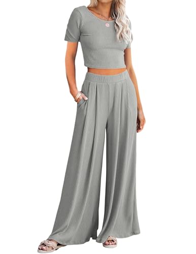JENJON Damen Zweiteiler Kurzarm Freizeitanzug Set Gerippt Stricken Bodycon Tracksuit Crop Top Flare Pants Sportanzug Sommer von JENJON