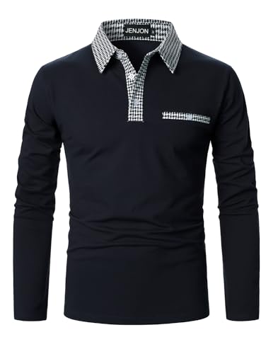 JENJON Herren Poloshirt Lange Ärmel Klassisch Karierte Spleiß Shirt Golf Polohemd Kontrastfarbe Ausschnitt Polo Herbst und Winter Blau M von JENJON