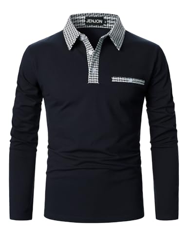 JENJON Herren Poloshirt Lange Ärmel Klassisch Karierte Spleiß Shirt Golf Polohemd Kontrastfarbe Ausschnitt Polo Herbst und Winter Blau XXL von JENJON