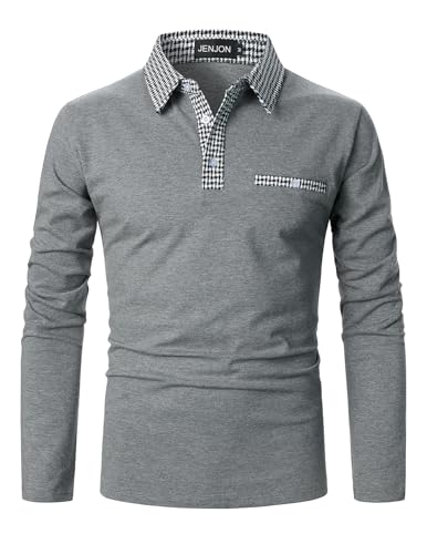 JENJON Herren Poloshirt Lange Ärmel Klassisch Karierte Spleiß Shirt Golf Polohemd Kontrastfarbe Ausschnitt Polo Herbst und Winter Grau L von JENJON