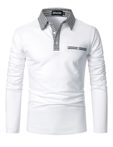 JENJON Herren Poloshirt Lange Ärmel Klassisch Karierte Spleiß Shirt Golf Polohemd Kontrastfarbe Ausschnitt Polo Herbst und Winter Weiß L von JENJON