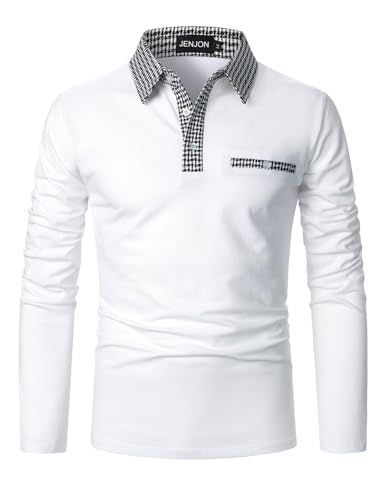 JENJON Herren Poloshirt Lange Ärmel Klassisch Karierte Spleiß Shirt Golf Polohemd Kontrastfarbe Ausschnitt Polo Herbst und Winter Weiß XXL von JENJON