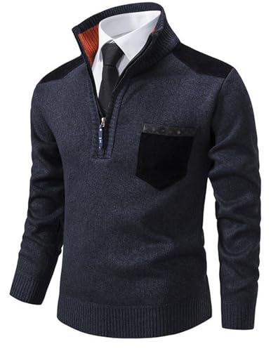 JENJON Herren Strickpullover Stehkragen Kontrastspleiße Grobstrick Einfarbig Pullover mit Reißverschluss Verdicken Herbst Winter von JENJON