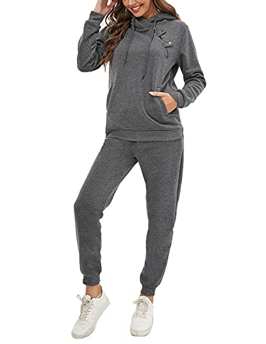 JENJON Trainingsanzug Damen Zweiteiler Langarm Kapuzen Zipper Jacke Hose Herbst Winter Yoga Fitness Sport Freizeitanzug Grau L von JENJON